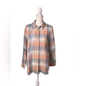 Soft Surroundings Tunic Linen Crinkle Gauze Plaid Button Up Roll Tab Sz M